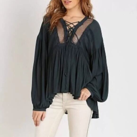 Free People "Don't Let Go" Boho Peasant Blouse Embroidered Boho Festival - Sz M - Picture 1 of 12